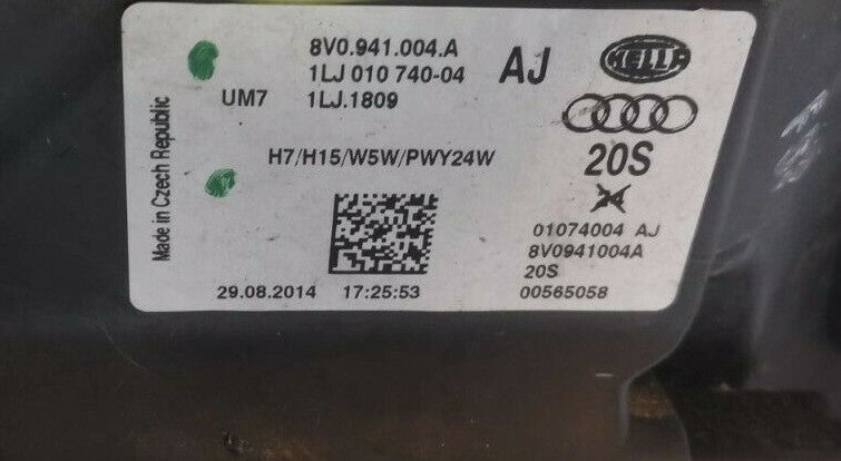 AUDI A3 8V SE DRIVER SIDE RIGHT HEADLIGHT HALOGEN 8V0941004 Aua383