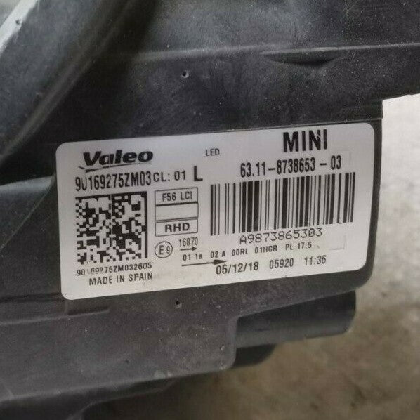 MINI 2018 BMW F56 N/S PASSENGER FULL LED BLACK GENUINE - 6311 8738653 bm5630