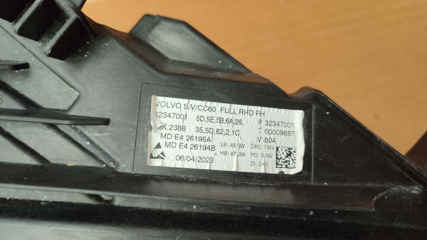 VOLVO S60 V60 CC60 FRONT HEADLIGHT HEADLAMP RIGHT SIDE FULL LED 32347001 vo84